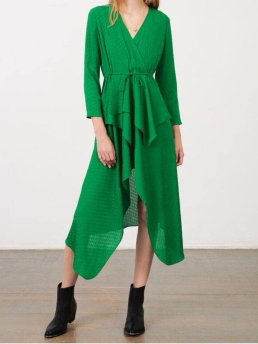 Maje Ramia Asymmetrical Satin Midi Dress Green Women's Size 36 U.S. S Jacquard